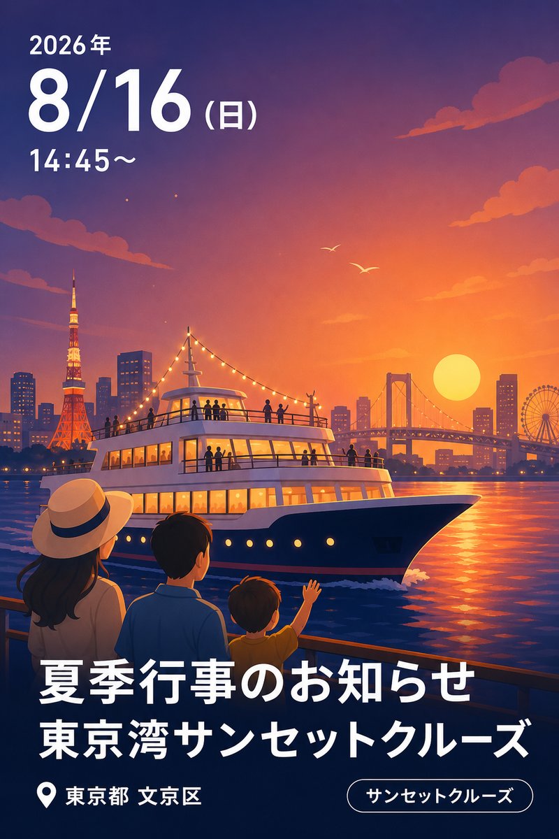 夏季行事のお知らせ 《東京湾シンフォニーサンセットクルーズのご案内》