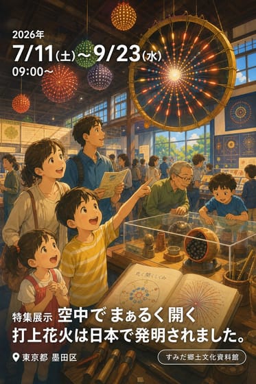 特集展示 空中でまぁるく開く打上花火は日本で発明されました。