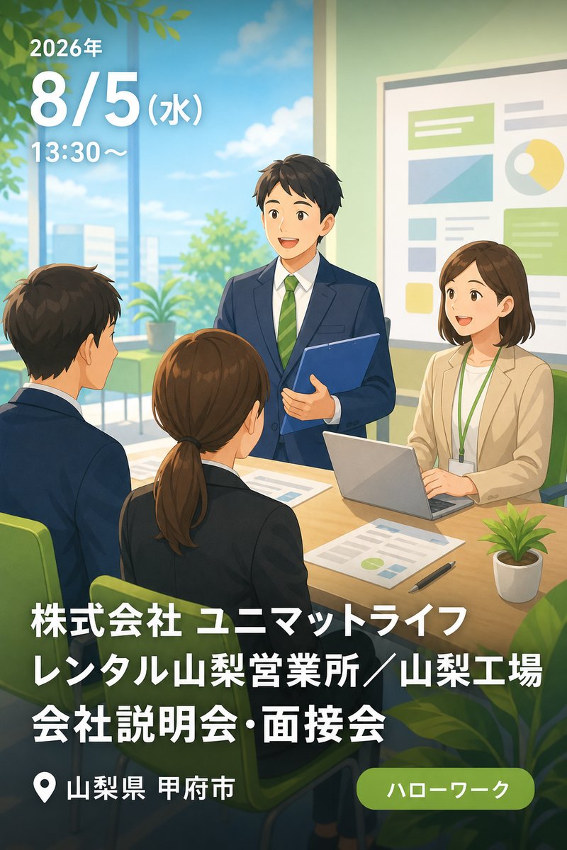 株式会社 ユニマットライフ レンタル山梨営業所／山梨工場 会社説明会・面接会