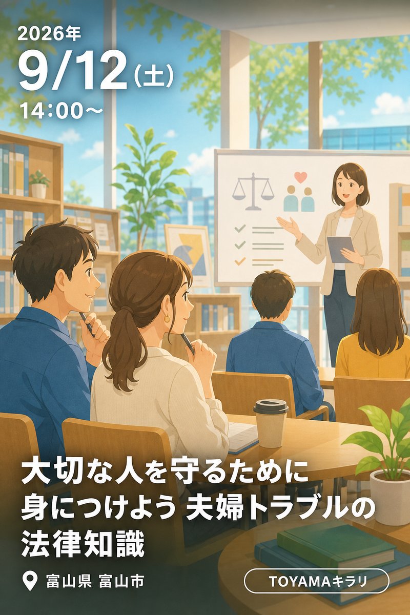 【本館】9/12 法テラス富山法教育セミナー「大切な人を守るために～身につけよう 夫婦トラブルの法律知識～」
